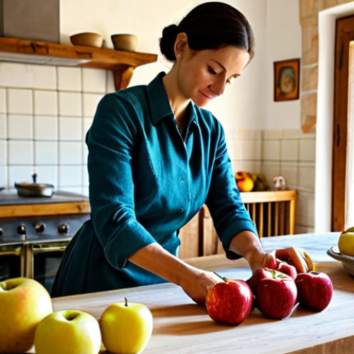 Home 15 **
"A woman in a fully clothed, modest, professional attire, meticulously slicing ripe, fresh apples into thin, even slices in a bright, sunny kitchen in Tuscany. The table is wooden, rustic, and covered with other fruits and vegetables. Safe for work, appropriate content, perfect anatomy, correct proportions, natural pose, well-formed hands, proper finger count, natural body proportions, professional photography, high quality."
**