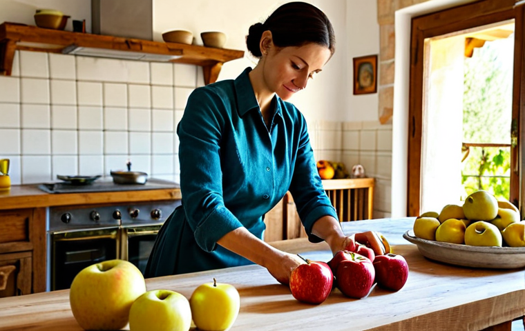 **
"A woman in a fully clothed, modest, professional attire, meticulously slicing ripe, fresh apples into thin, even slices in a bright, sunny kitchen in Tuscany. The table is wooden, rustic, and covered with other fruits and vegetables. Safe for work, appropriate content, perfect anatomy, correct proportions, natural pose, well-formed hands, proper finger count, natural body proportions, professional photography, high quality."
**