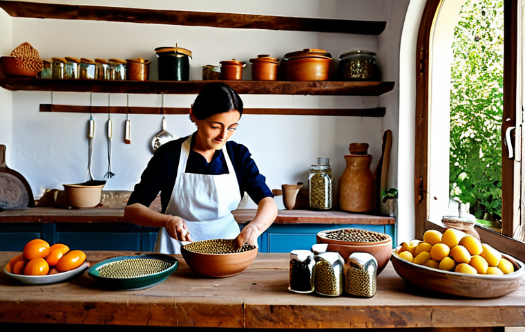 건조 식품의 기능성 성분과 건강 효과 - Rustic Italian Kitchen**
"A sunlit rustic Italian kitchen, featuring shelves stocked with dried bea...