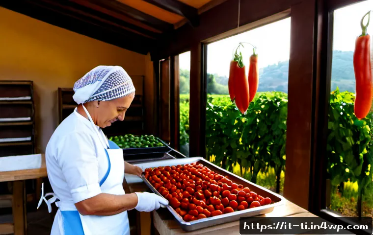 Home 7 주제별 건조 식품 제조 사례 연구 - Photorealistic artisanal food production case study scene in rural Italy, an orderly sunlit workshop...