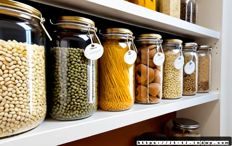 Home 15 건조 식품 저장 방법 및 유통 기한 - Photorealistic Italian home pantry shelf with neatly organized clear glass jars of dried pasta, bean...