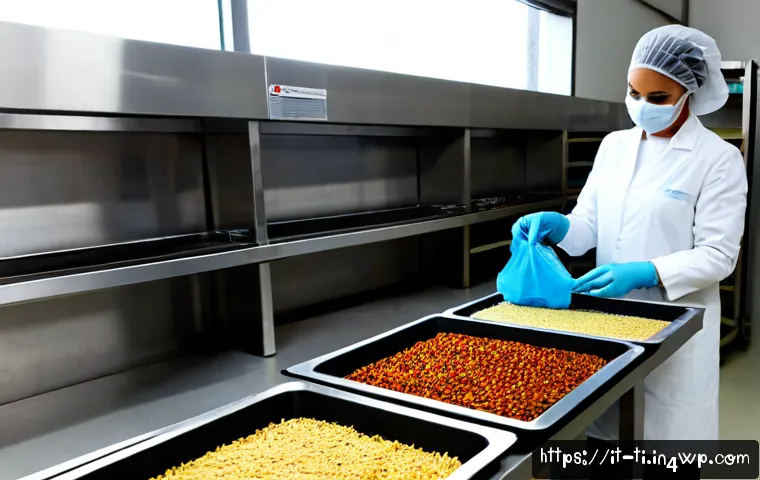 Home 17 건조 식품의 품질 관리 및 검사 방법 - Photorealistic food quality inspection in a modern Italian dry-goods facility, a technician in clean...
