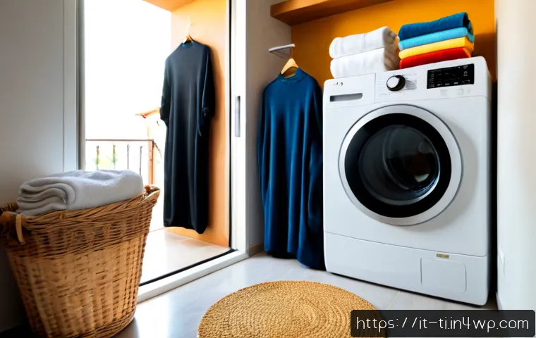 Home 17 가정용 건조기 선택 시 고려사항 - Photorealistic Italian apartment laundry corner, a modern front-loading home clothes dryer beside a ...