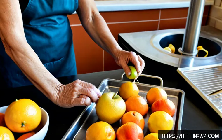 Home 17 업사이클링 재료를 이용한 건조 식품 제조법 - Photorealistic Italian home kitchen, an older adult’s hands arranging clean citrus peels, apple core...