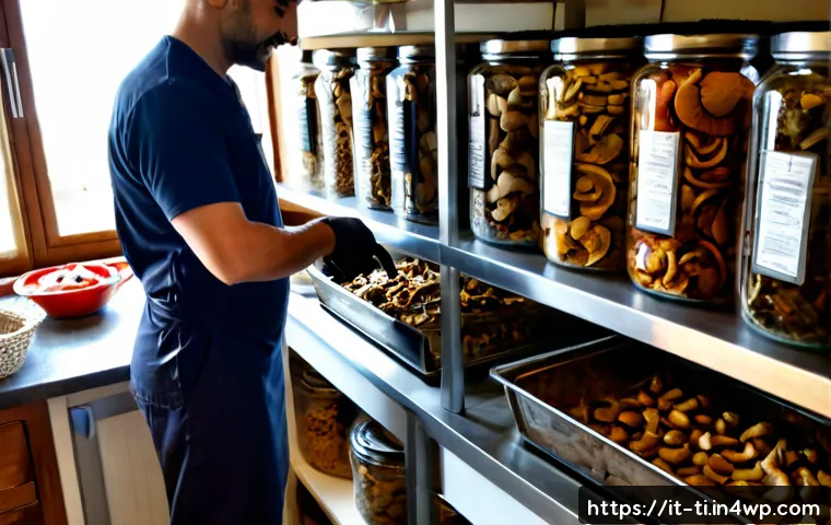 건조 식품의 특별한 처리 방법 - Photorealistic Italian home kitchen, close-up of a cook carefully vacuum-sealing dried porcini mushr...